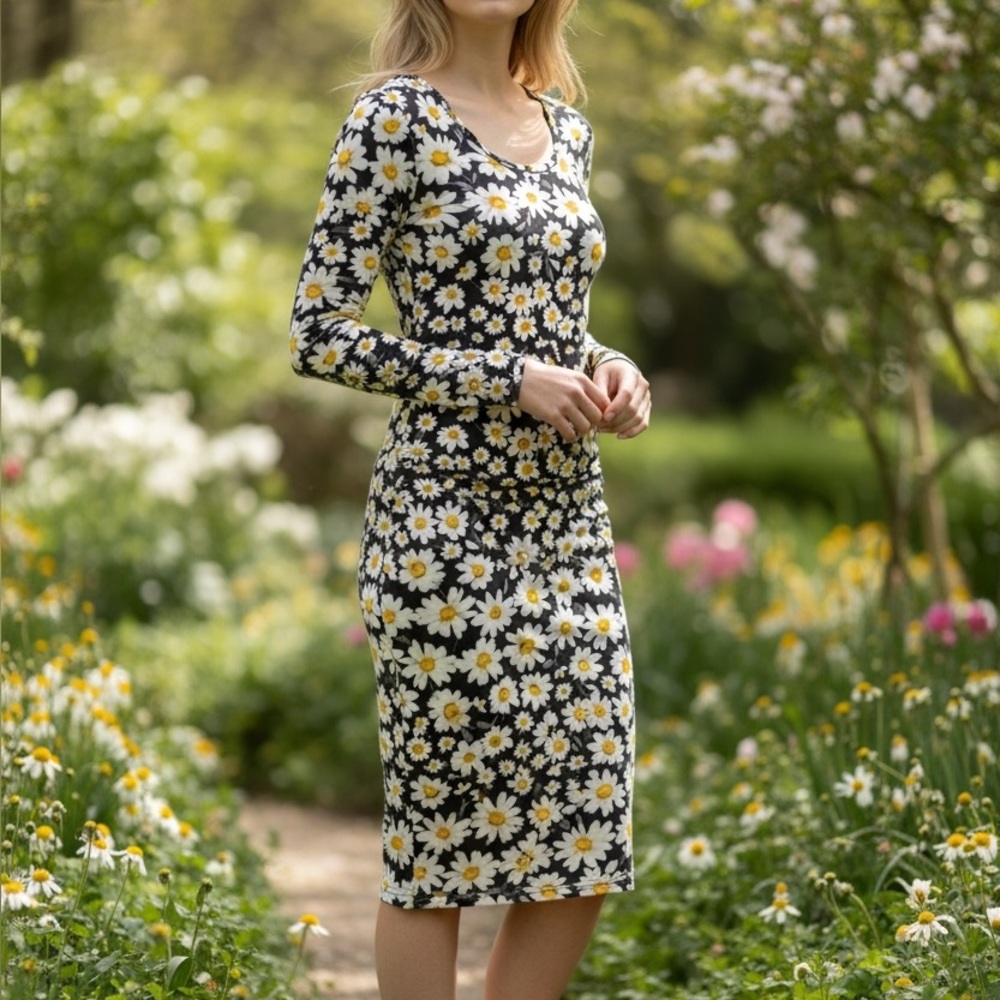 Nally & Millie Daisy Print Long Sleeve Dress - Black, Yellow, White 1024